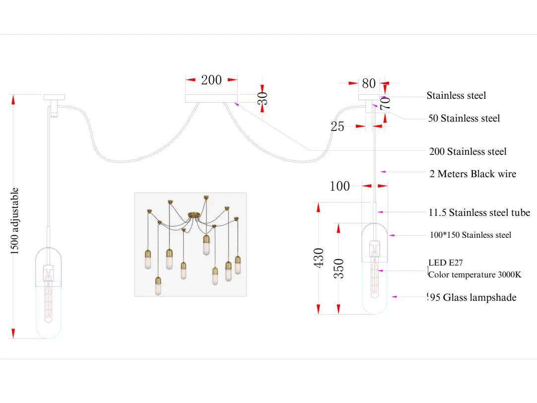 Technical shop drawing of bespoke chandelier design showing specifications, dimensions, and lighting details.