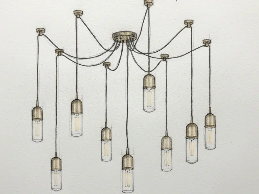 Concept design rendering of a multi-arm chandelier with hanging glass bulb fixtures.