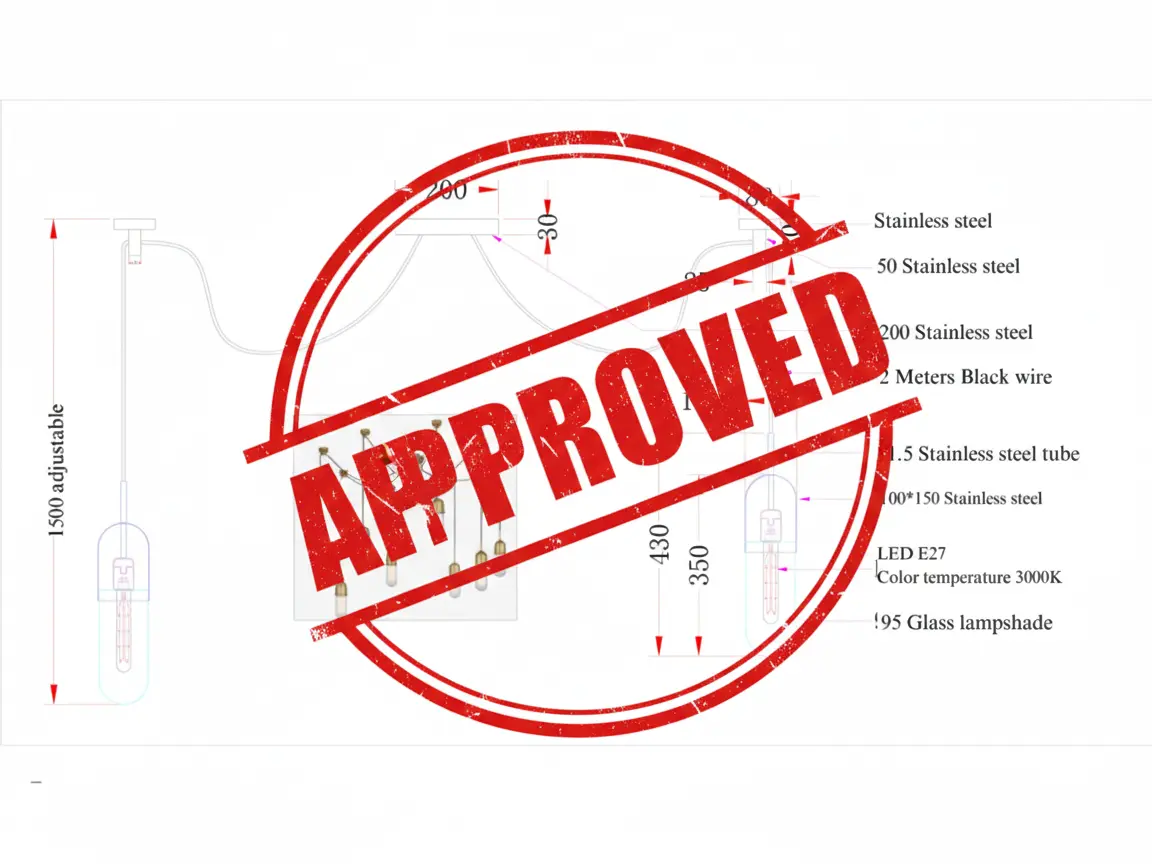Approved lighting technical drawing stamped with red approval mark for bespoke chandelier production.