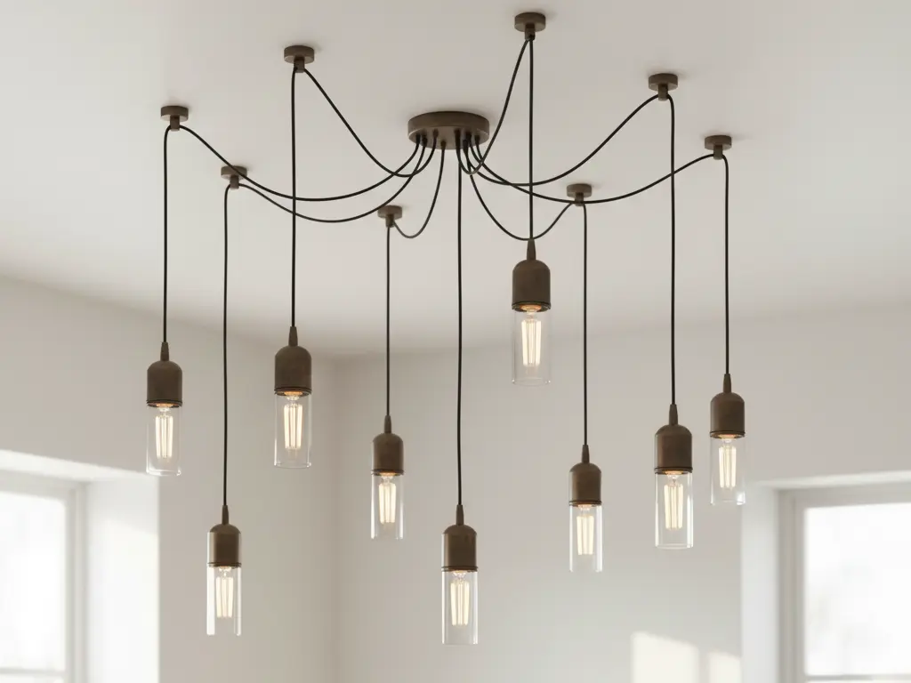 Mock-up sample of custom multi-arm chandelier with hanging glass bulb lights for design review.