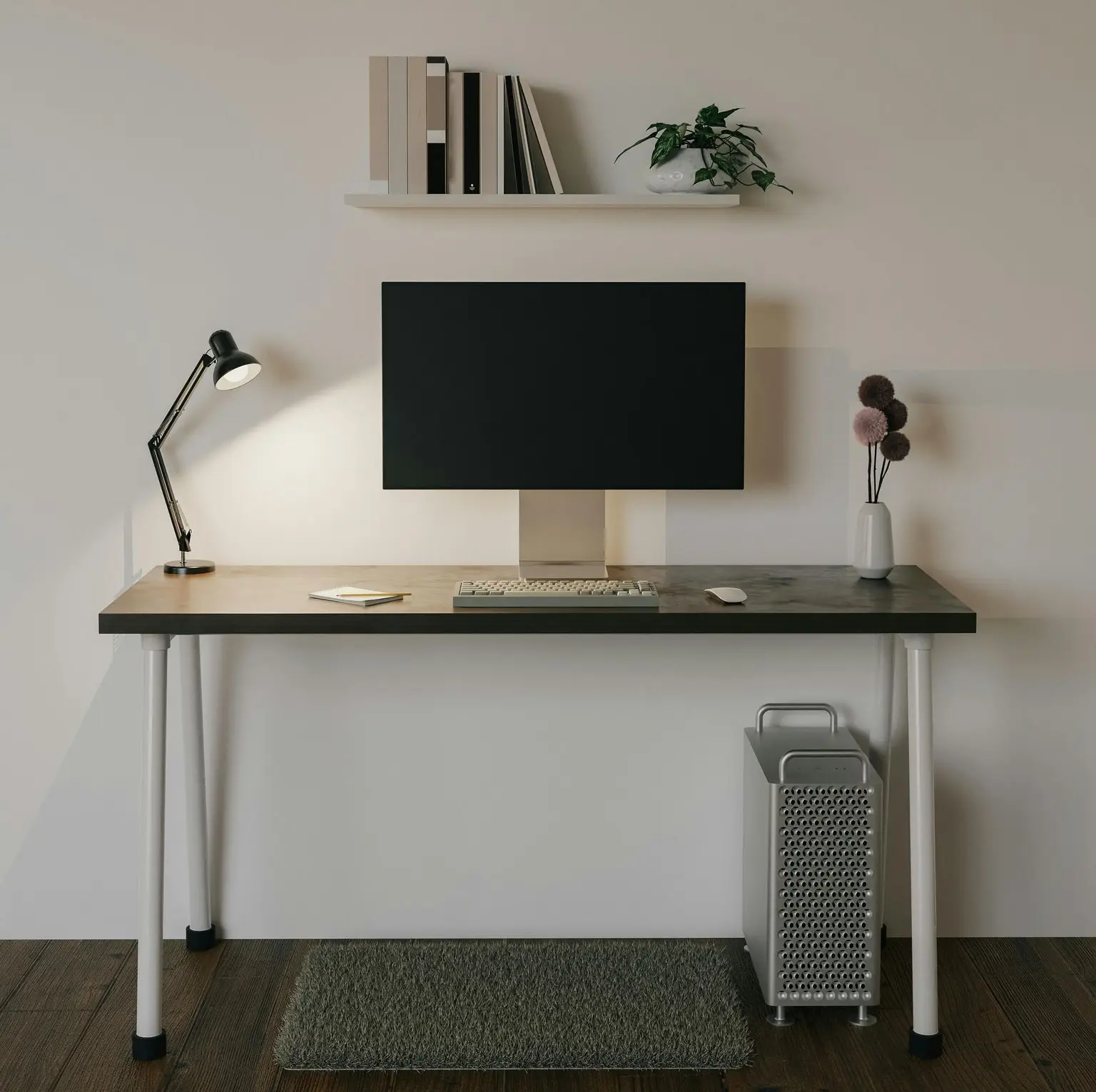 Custom Home Office Workspace – Modern Desk and Interior Design Minimalist home office setup with custom desk, monitor, desk lamp, shelf storage, and clean workspace design.