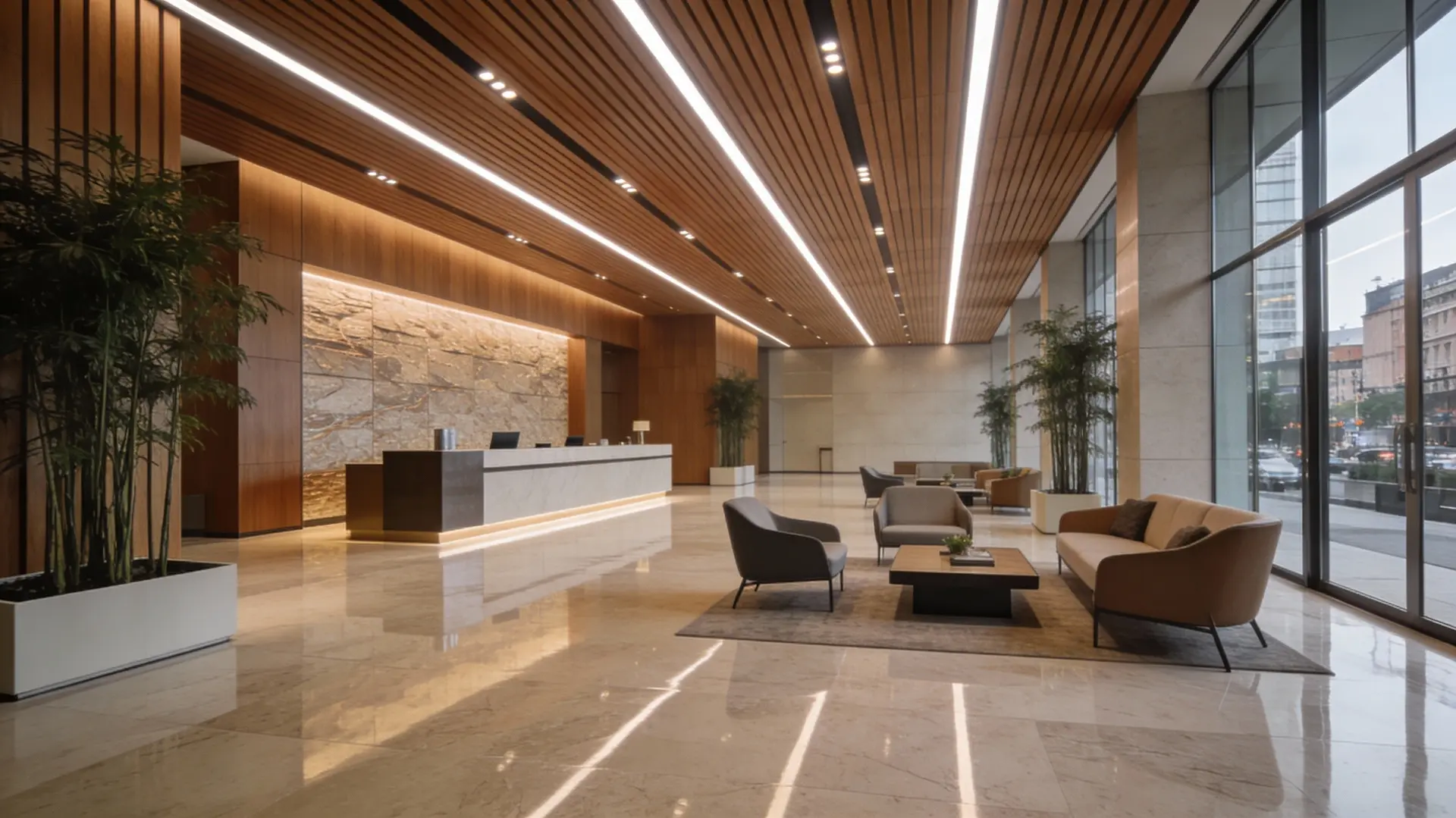 WPC Ceiling System for Commercial Lobby Interior Design WPC ceiling system with wood-look slatted panels in a modern commercial lobby interior