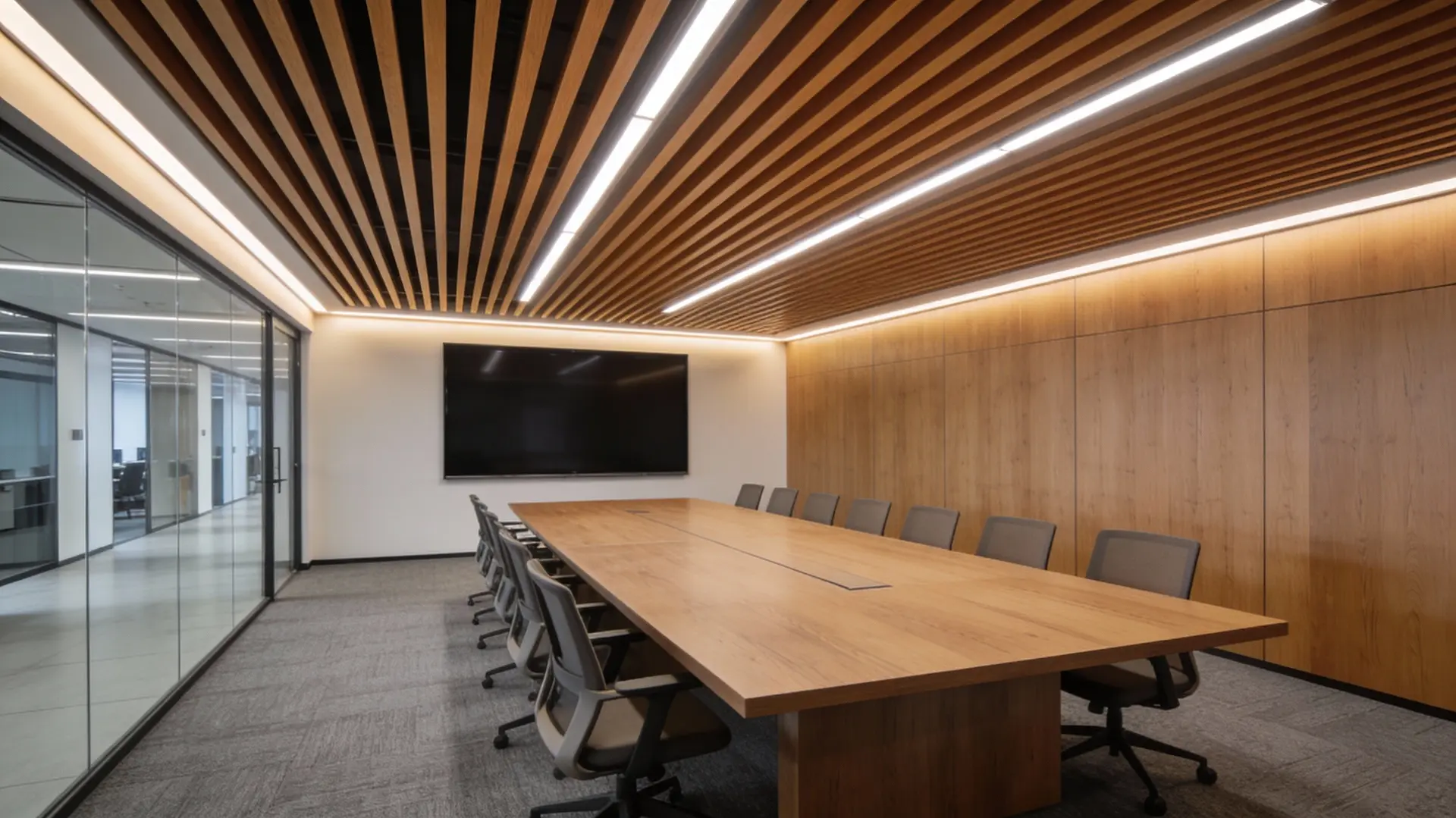 WPC Ceiling System for Office Conference Room Interior WPC slatted ceiling system with integrated linear lighting in a modern conference room