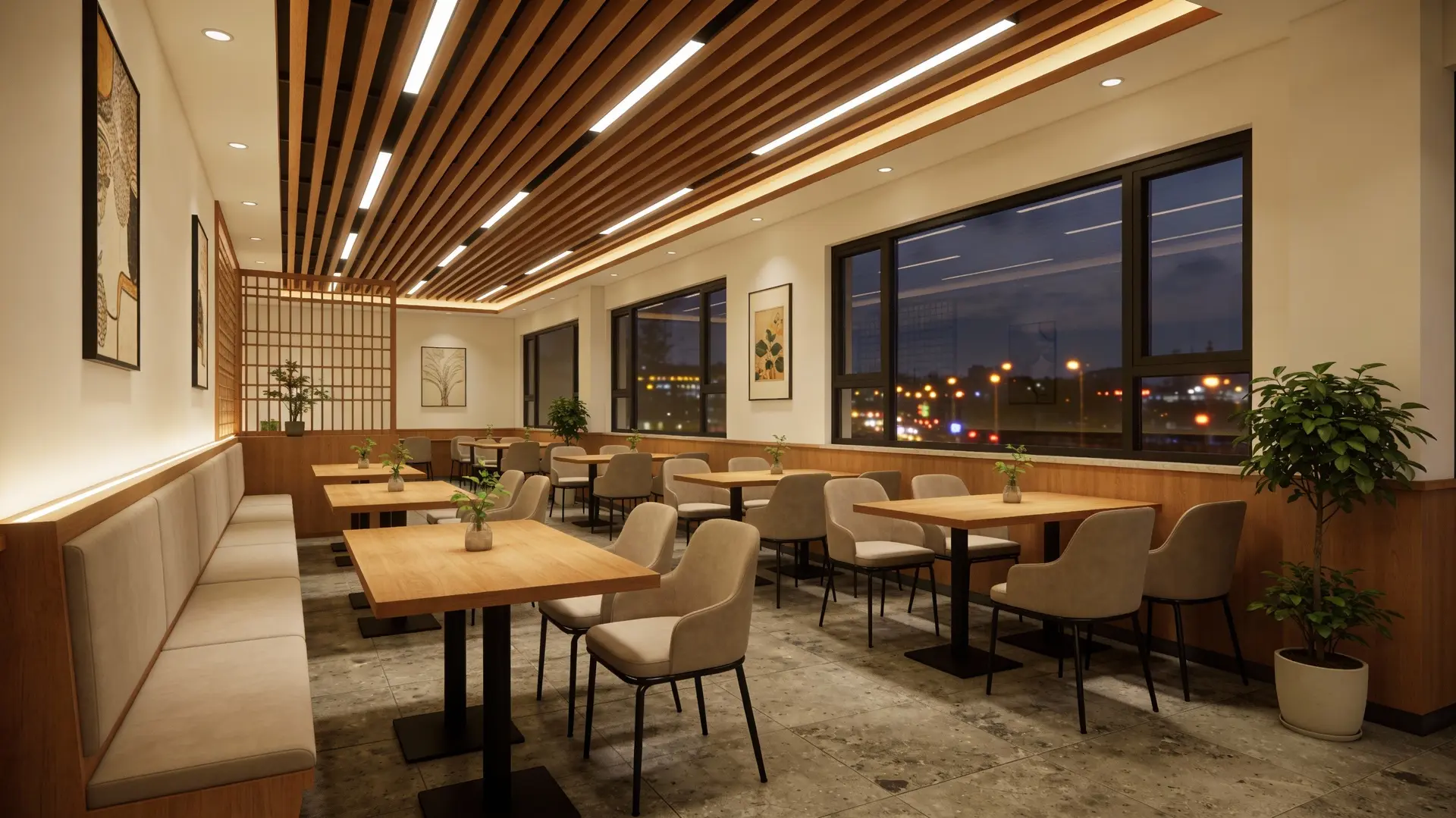 WPC Ceiling System for Restaurant and Hospitality Interior Design WPC slatted ceiling with integrated linear lighting in a modern restaurant dining interior