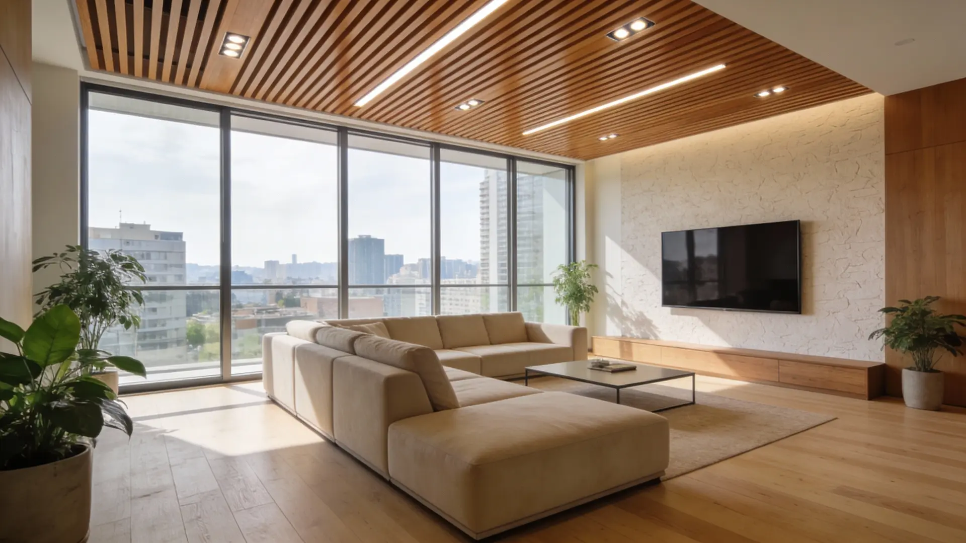 WPC Ceiling System for Modern Living Room Design WPC slatted ceiling with integrated lighting in a modern residential living room interior