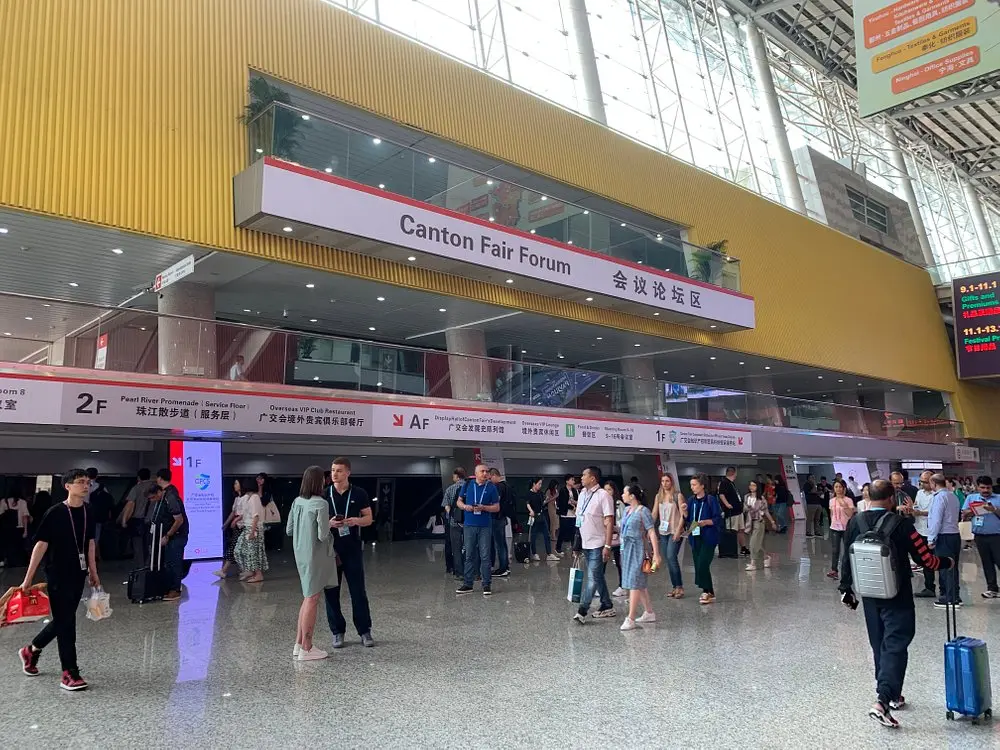 Interior view of the Canton Fair Forum at Pazhou Complex in Guangzhou with international buyers and exhibitors