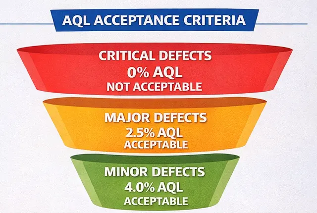 AQL acceptance criteria diagram showing critical defects at 0% AQL, major defects at 2.5% AQL, and minor defects at 4.0% AQL for quality inspection