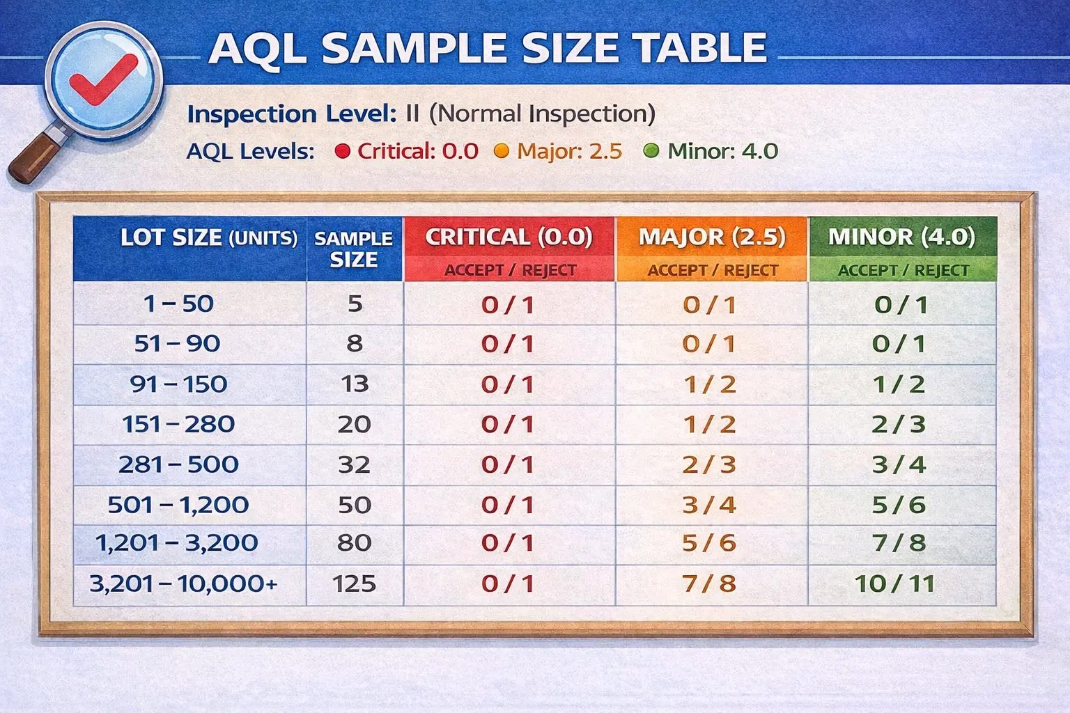 AQL sample size table showing inspection level II with critical, major, and minor defect acceptance limits for quality inspection