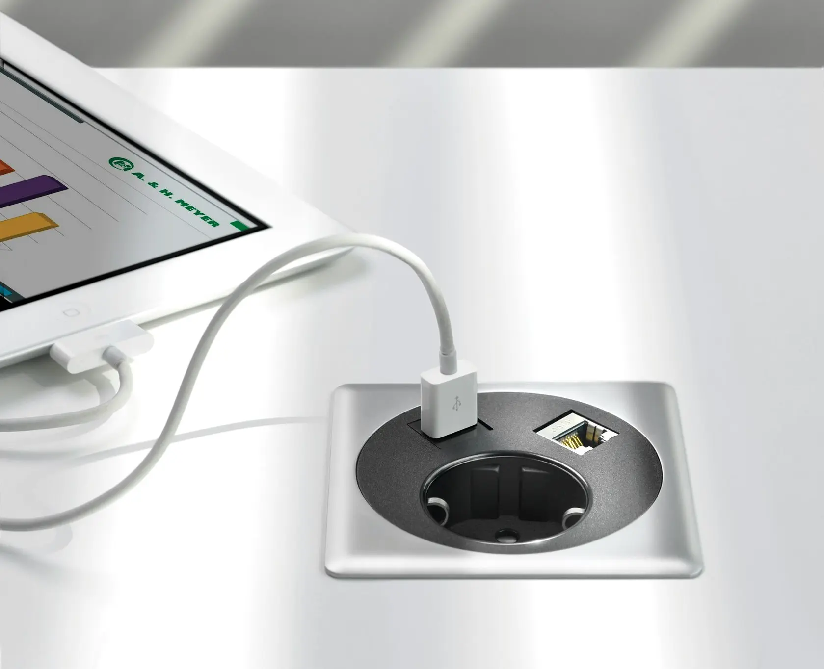 Desk power socket with USB charging port and data outlet for office use