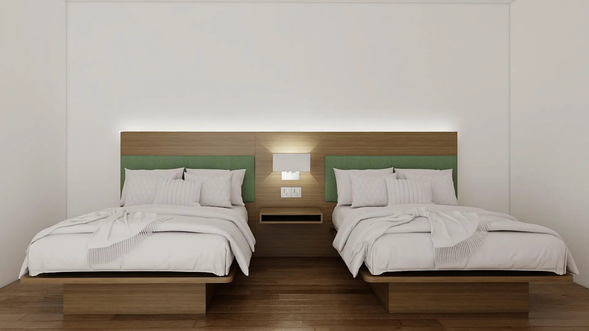 Bay Gardens Marina Haven guest room featuring GZS sourced twin beds, custom headboard, lighting, and SPC flooring.