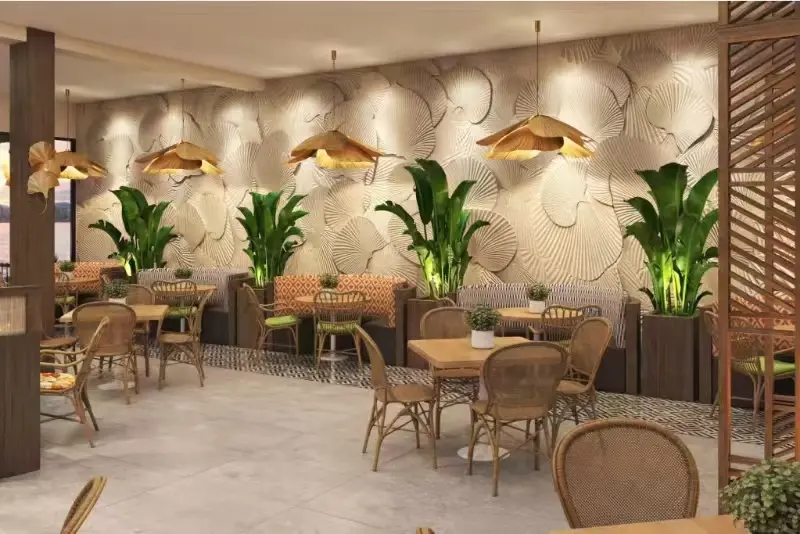 Sapphire Sands Villas restaurant interior featuring GZS sourced furniture, lighting, artwork, and decorative wall finishes.