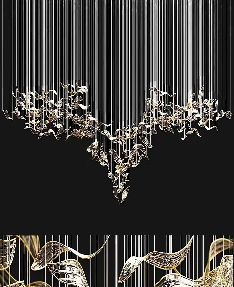 Luxury hotel chandelier with flowing glass elements suspended on fine cables, designed for large hospitality spaces