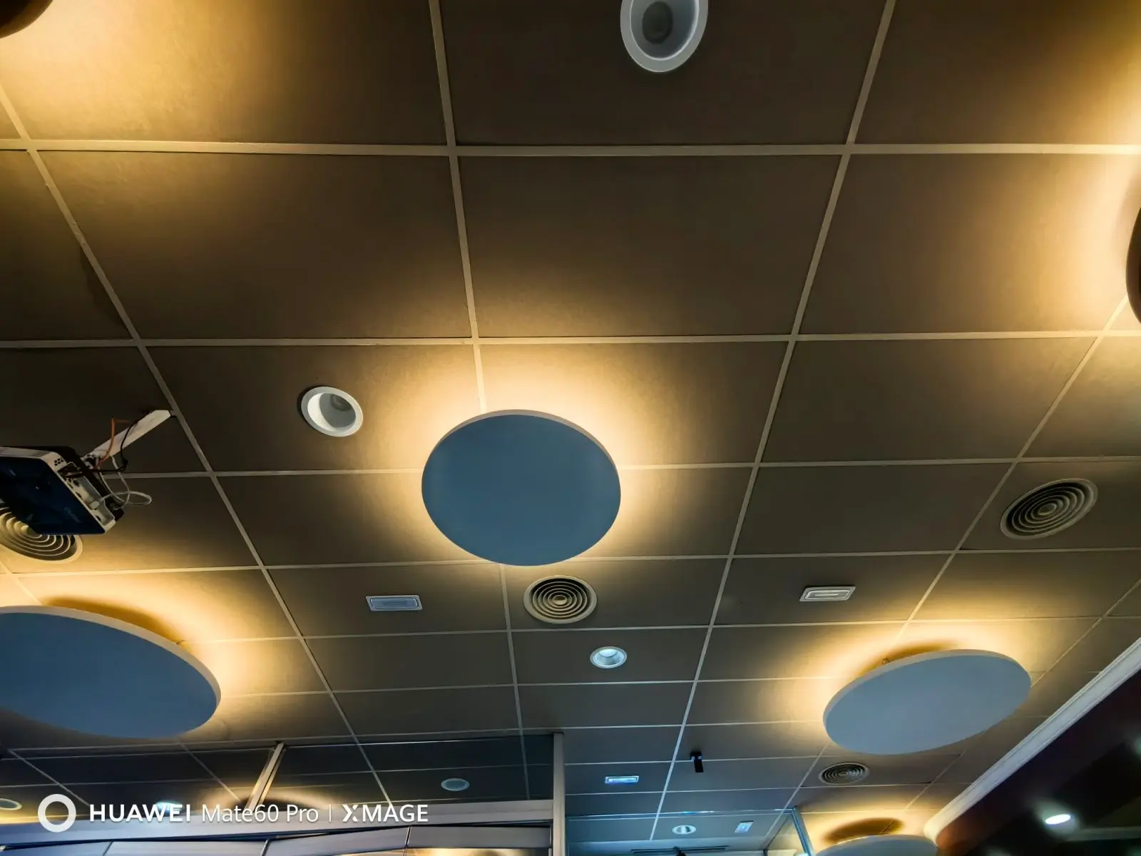 A vibrant installation of circular acoustic ceiling clouds in green, red, orange, and yellow suspended at varying heights for modern noise control.