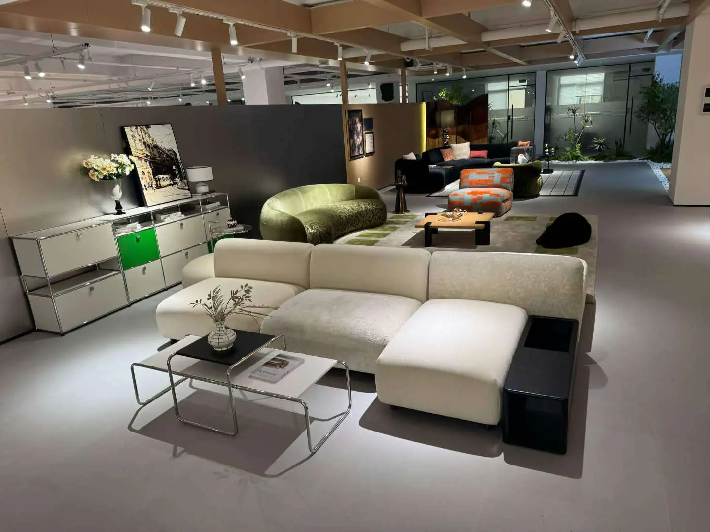 Furniture sourcing trip in China – modern sectional sofa displayed in Chinese furniture showroom