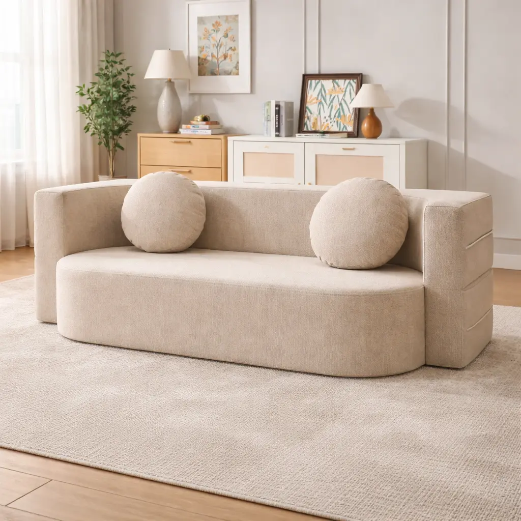 Compressed Sofa China | Sofa-in-a-Box Manufacturing Guide Compressed sofa in beige fabric displayed in a modern living room, example of China sofa-in-a-box manufacturing