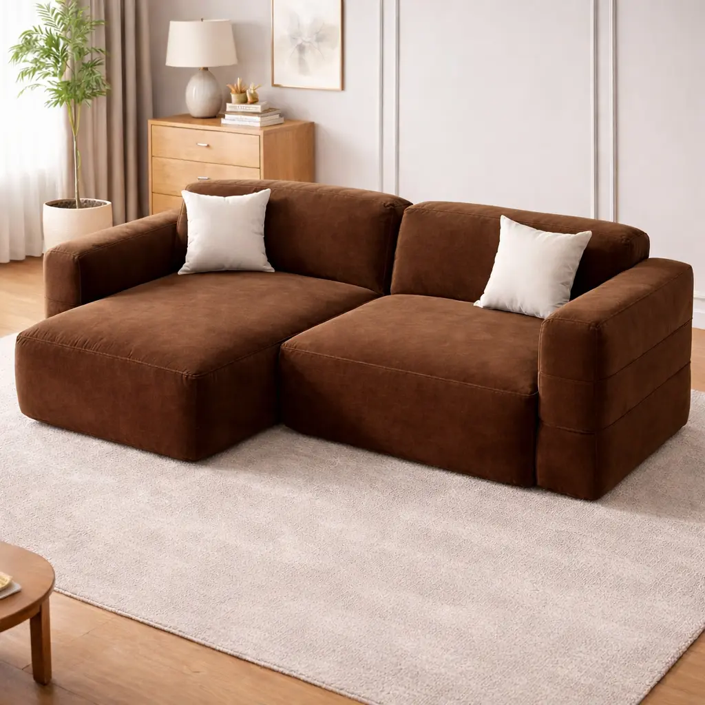 China Compressed Sofa Manufacturer | Modular Sofa-in-a-Box Supplier Brown L-shaped compressed sofa from China in modern living room, modular sofa-in-a-box design