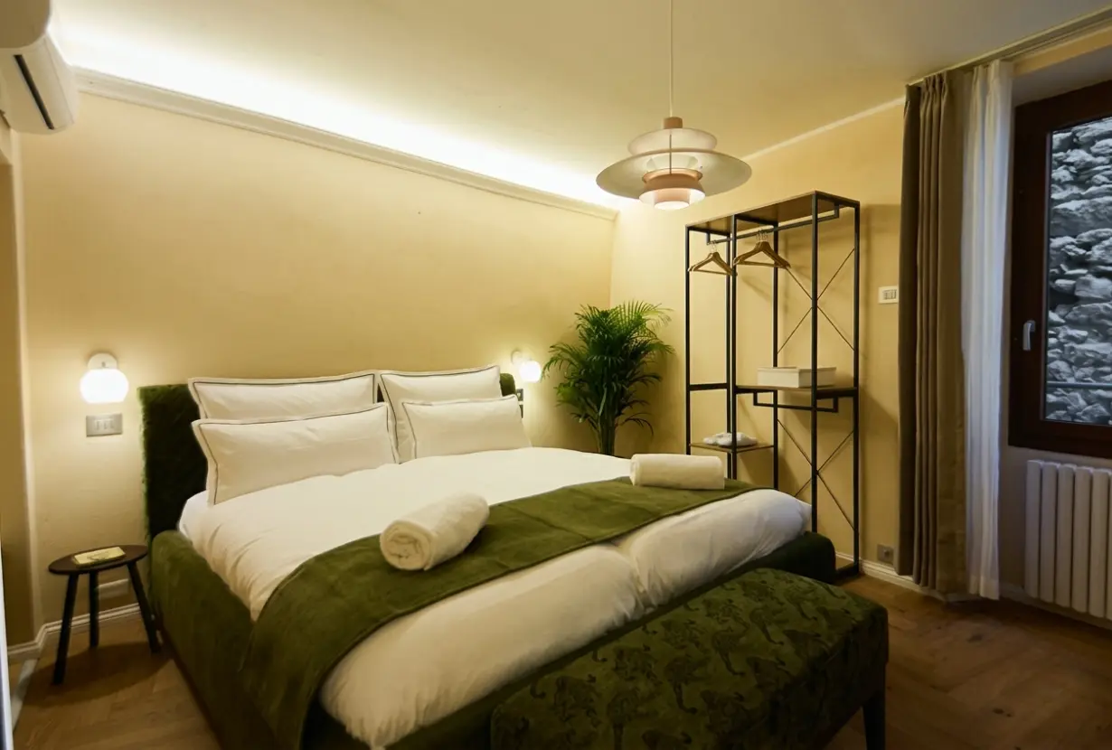 Elegant hotel bedroom with warm lighting and decor