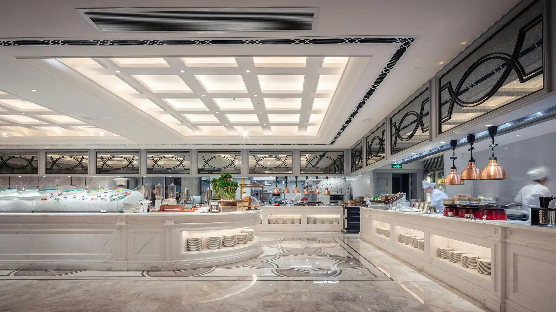 China Buffet Furniture with Marble Counters and Hotel Buffet Stations China buffet furniture with marble buffet counters, display stations, and hotel dining setup