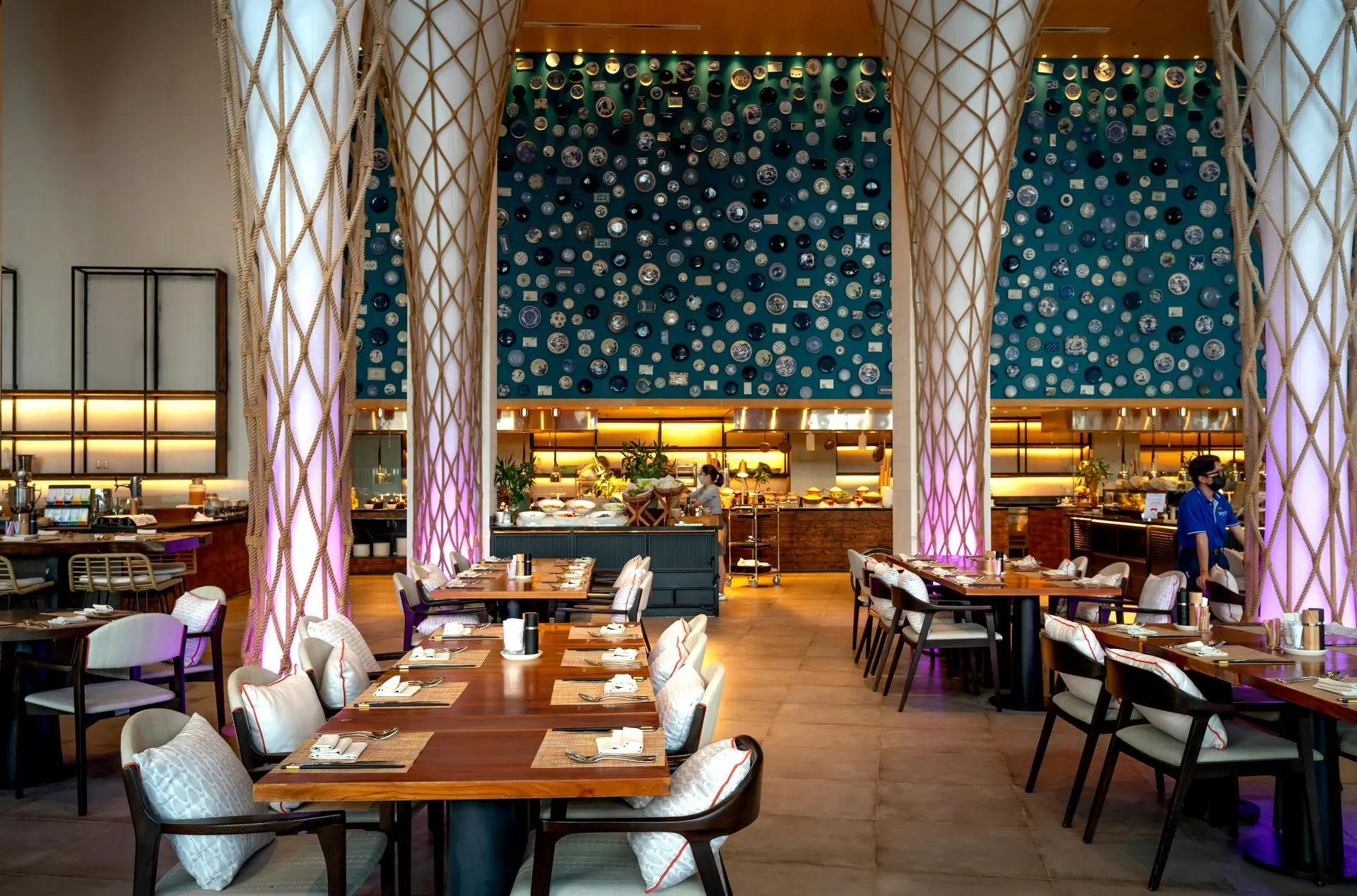 China Buffet Furniture in Modern Hotel Dining and Buffet Setup China buffet furniture in modern hotel dining area with buffet counters and restaurant seating