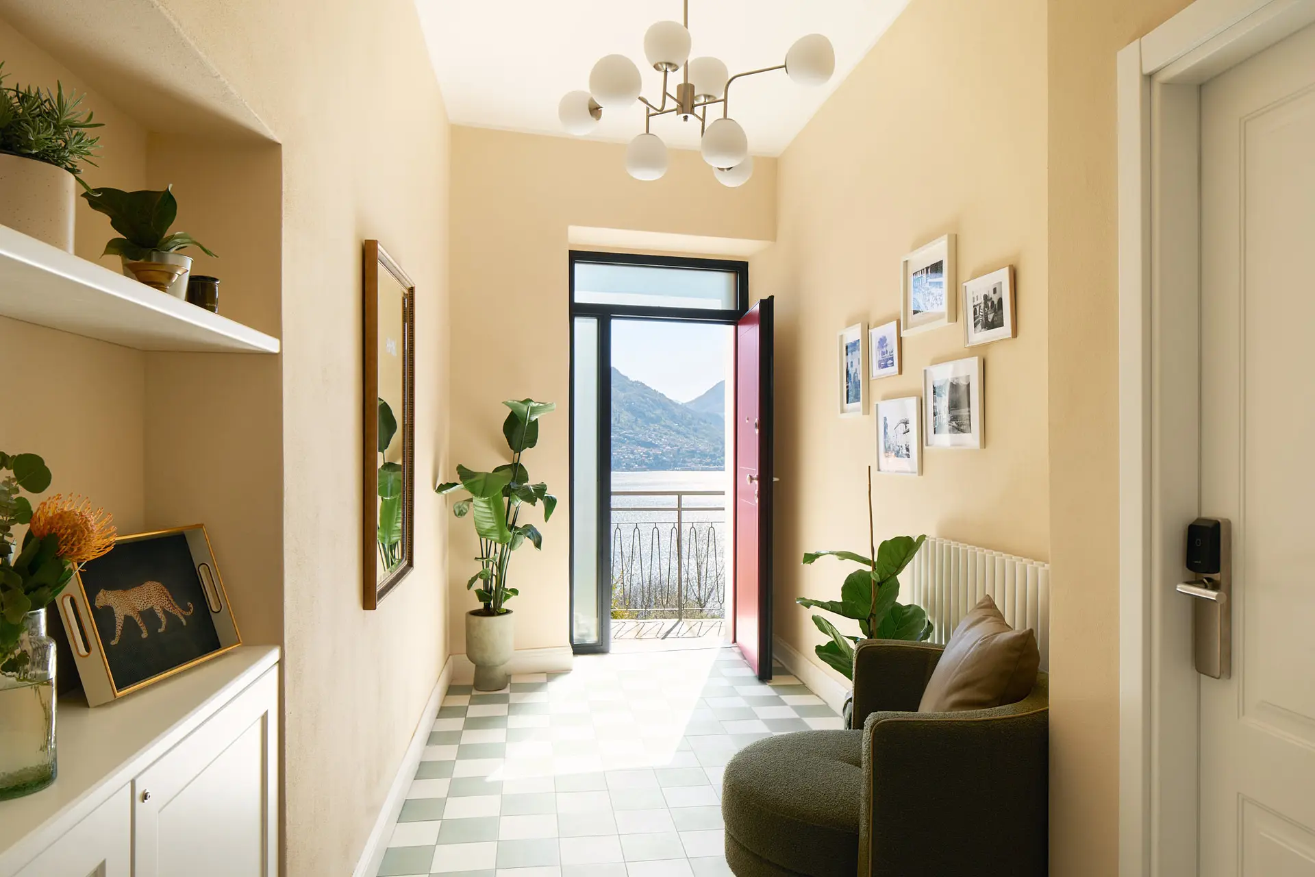 Elegant hallway interior at Lake Como Boutique Hotel featuring custom FF&E sourcing, soft neutral décor, tiled flooring, and natural lighting