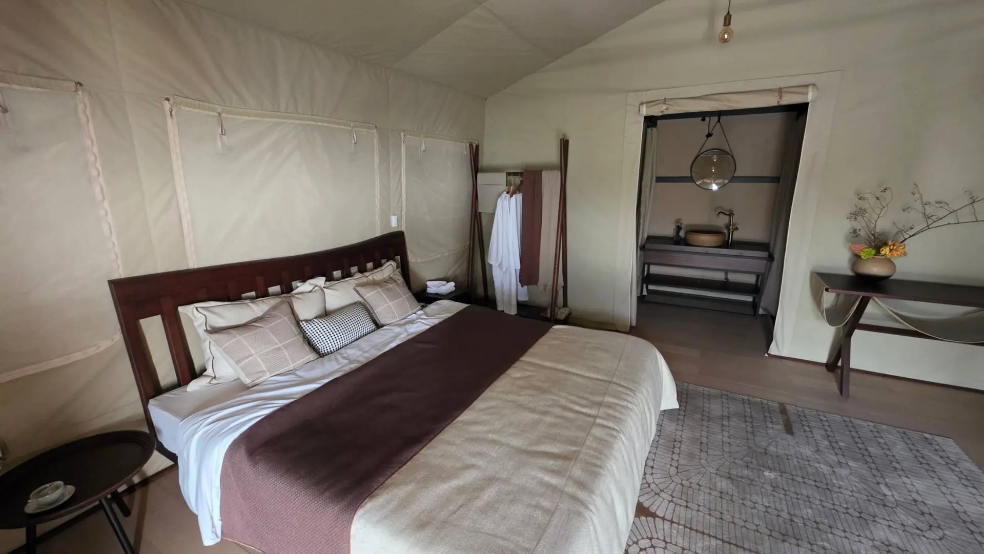 Luxury China glamping tent interior with premium bedroom setup for eco-resorts and outdoor hospitality