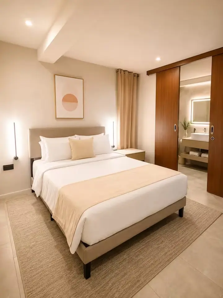 Crystal View modern bedroom featuring premium furniture, custom curtains, and contemporary interior design in Dominica