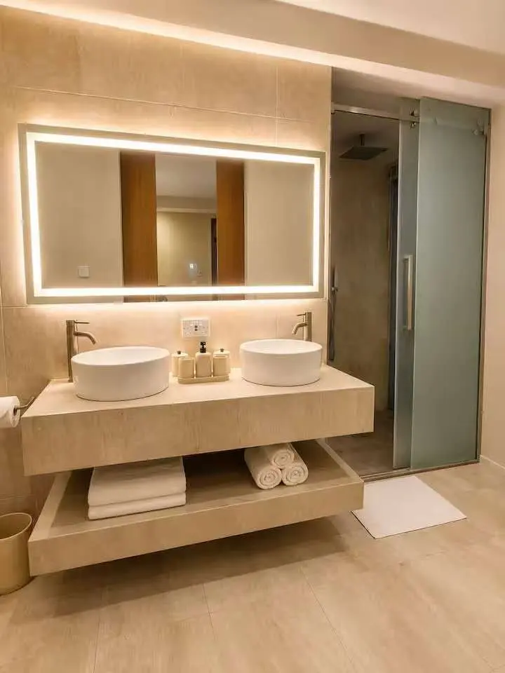 Crystal View bathroom with double vanity, illuminated mirror, sanitary ware, and contemporary finishes in Dominica
