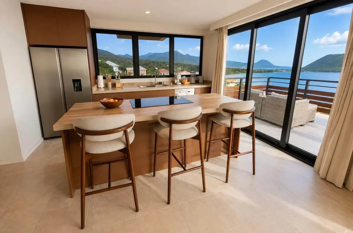 Crystal View modern kitchen featuring custom cabinetry, breakfast island, large windows, and contemporary finishes