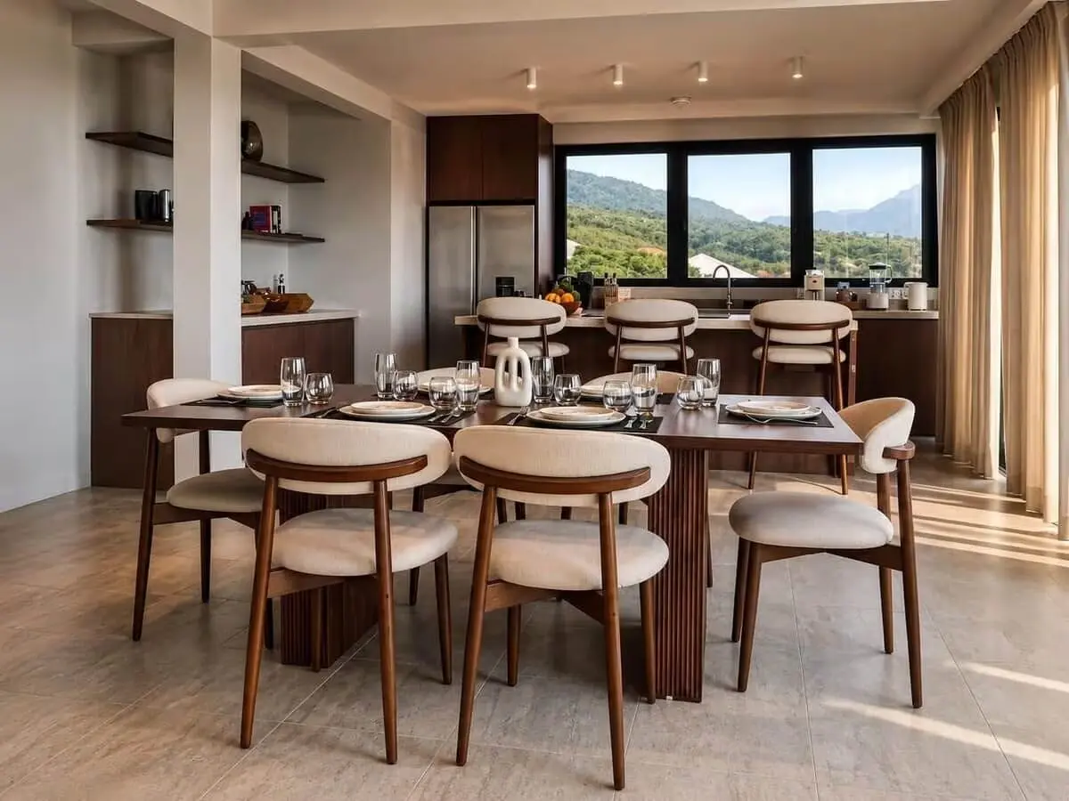 Crystal View kitchen and dining area with custom millwork, dining furniture, and panoramic windows in Dominica