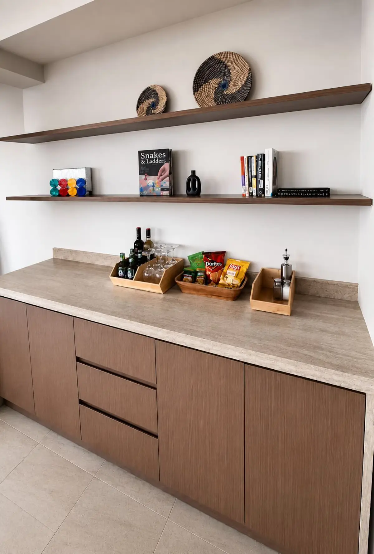 Crystal View custom built-in cabinetry and floating shelves showcasing premium millwork and storage solutions