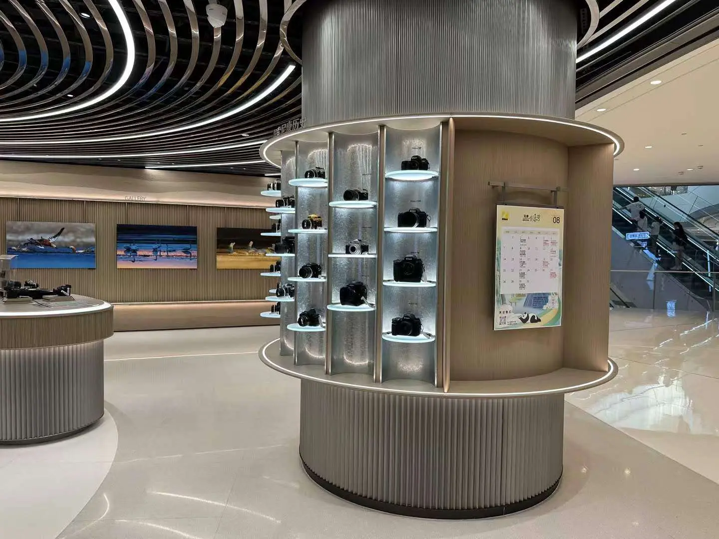 Custom-designed luxury retail display with curved illuminated shelving and premium visual merchandising