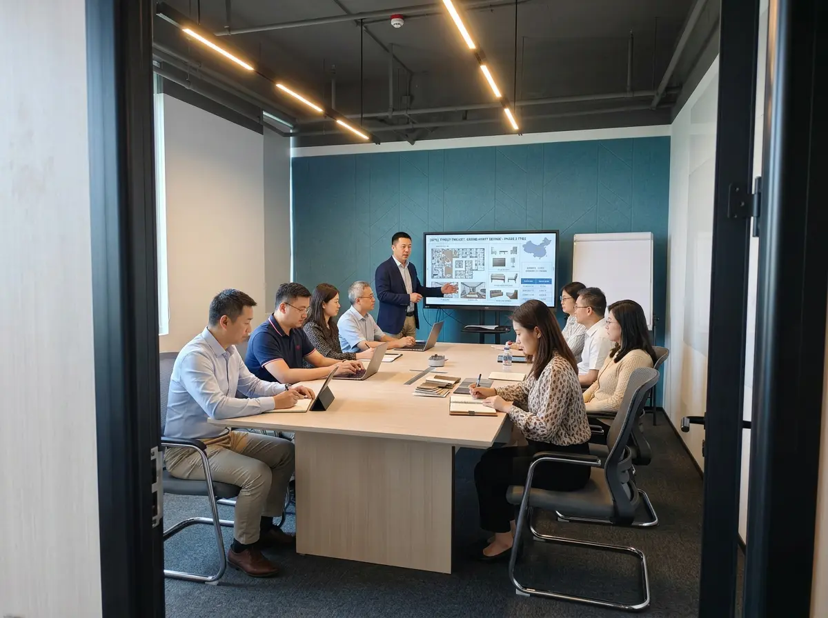 Guangzhou Sourcing team meeting in the conference room discussing procurement projects