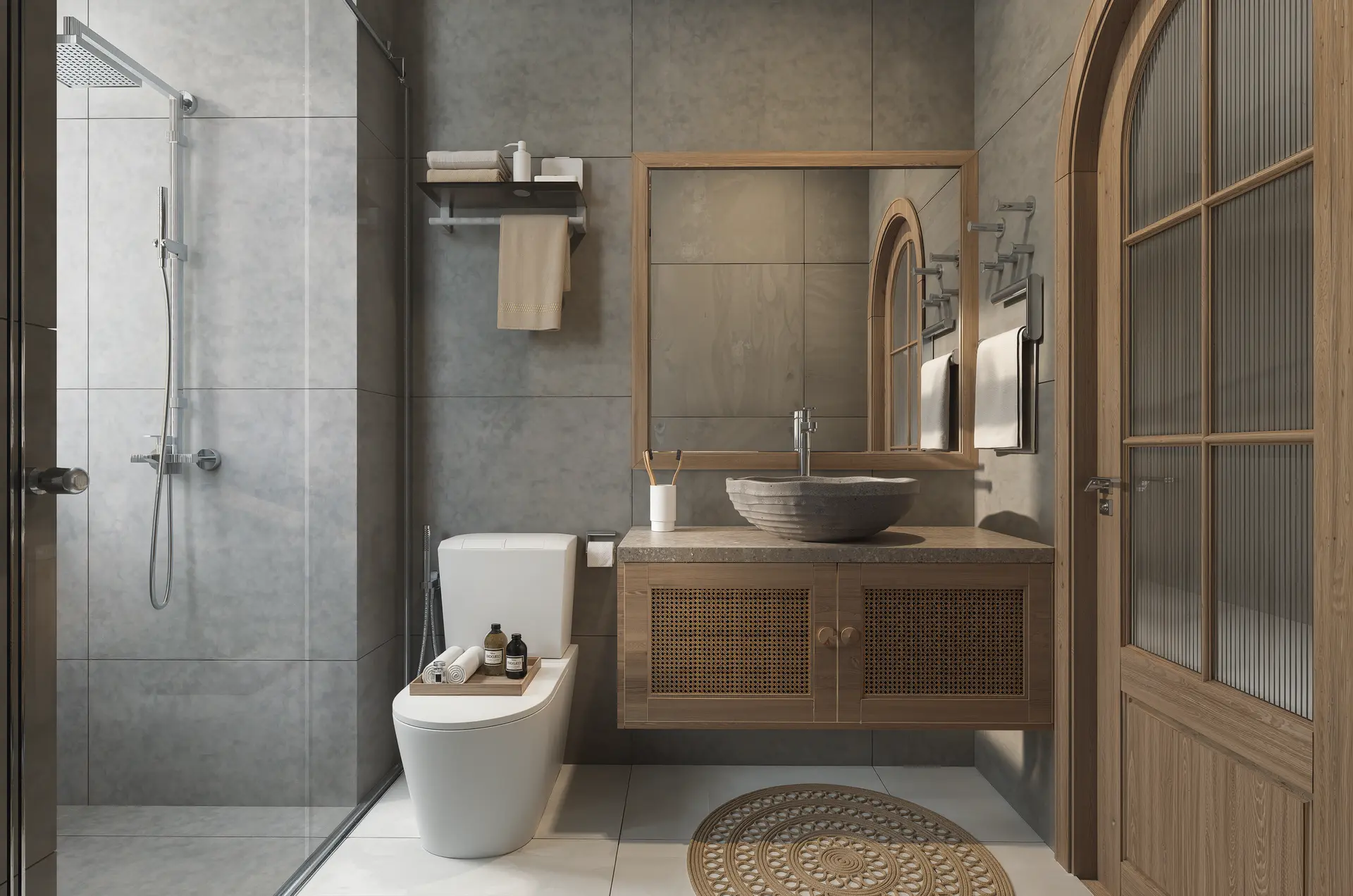 Modern bathroom featuring a one-piece ceramic toilet with a seamless integrated tank and bowl