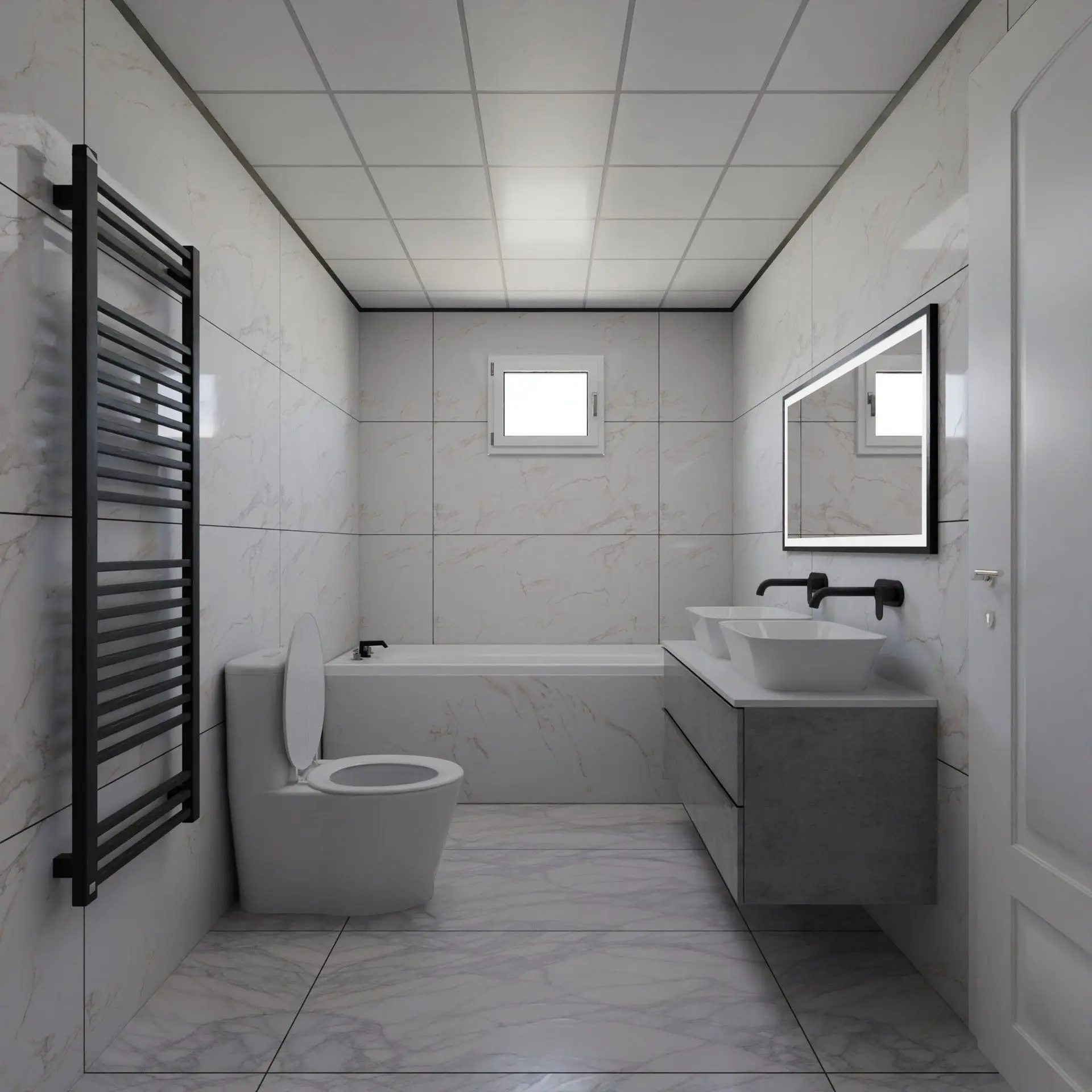 Modern bathroom featuring a sleek one-piece ceramic toilet