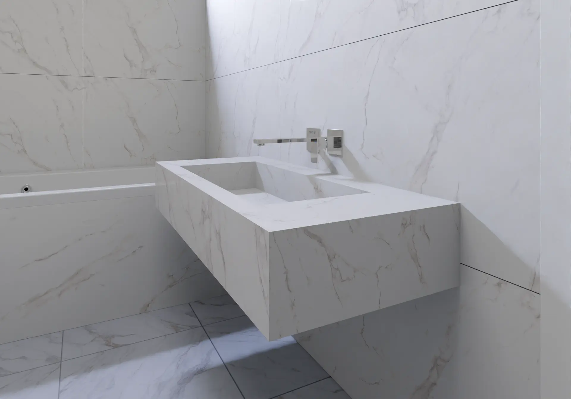 Sintered Stone Bathroom Vanity, Walls and Flooring Marble-look sintered stone bathroom vanity, walls and flooring