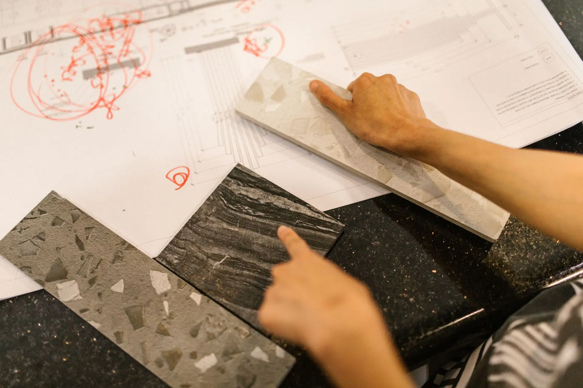 China Sintered Stone Samples and Project Drawings Material samples reviewed alongside project drawings for supplier selection