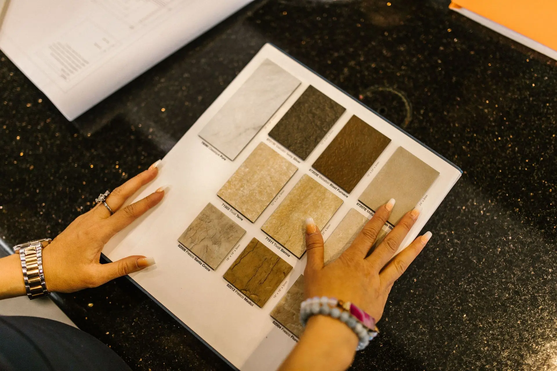 China Sintered Stone Samples for Product Range Evaluation Material samples displayed on a board for product range evaluation
