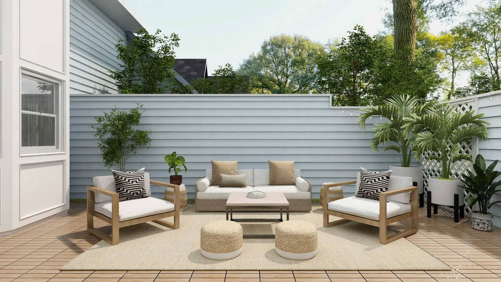 Outdoor patio sofa and armchairs with thick weather-resistant cushions