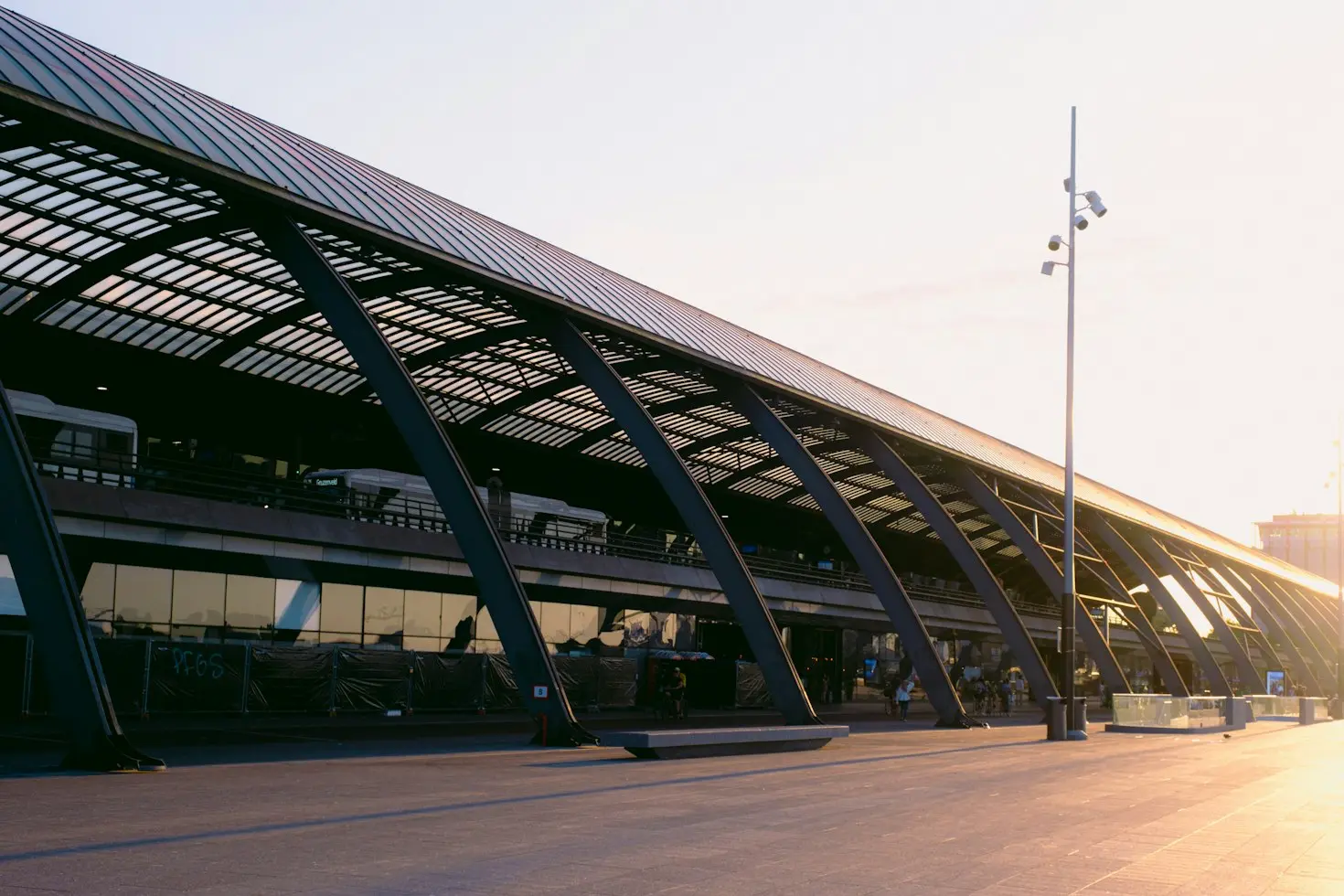 Large architectural canopy with structural frame and roof covering