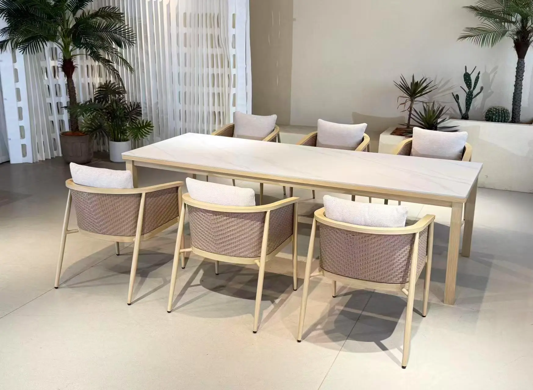 Wooden Outdoor Dining Furniture Set Wooden outdoor dining table with woven garden chairs