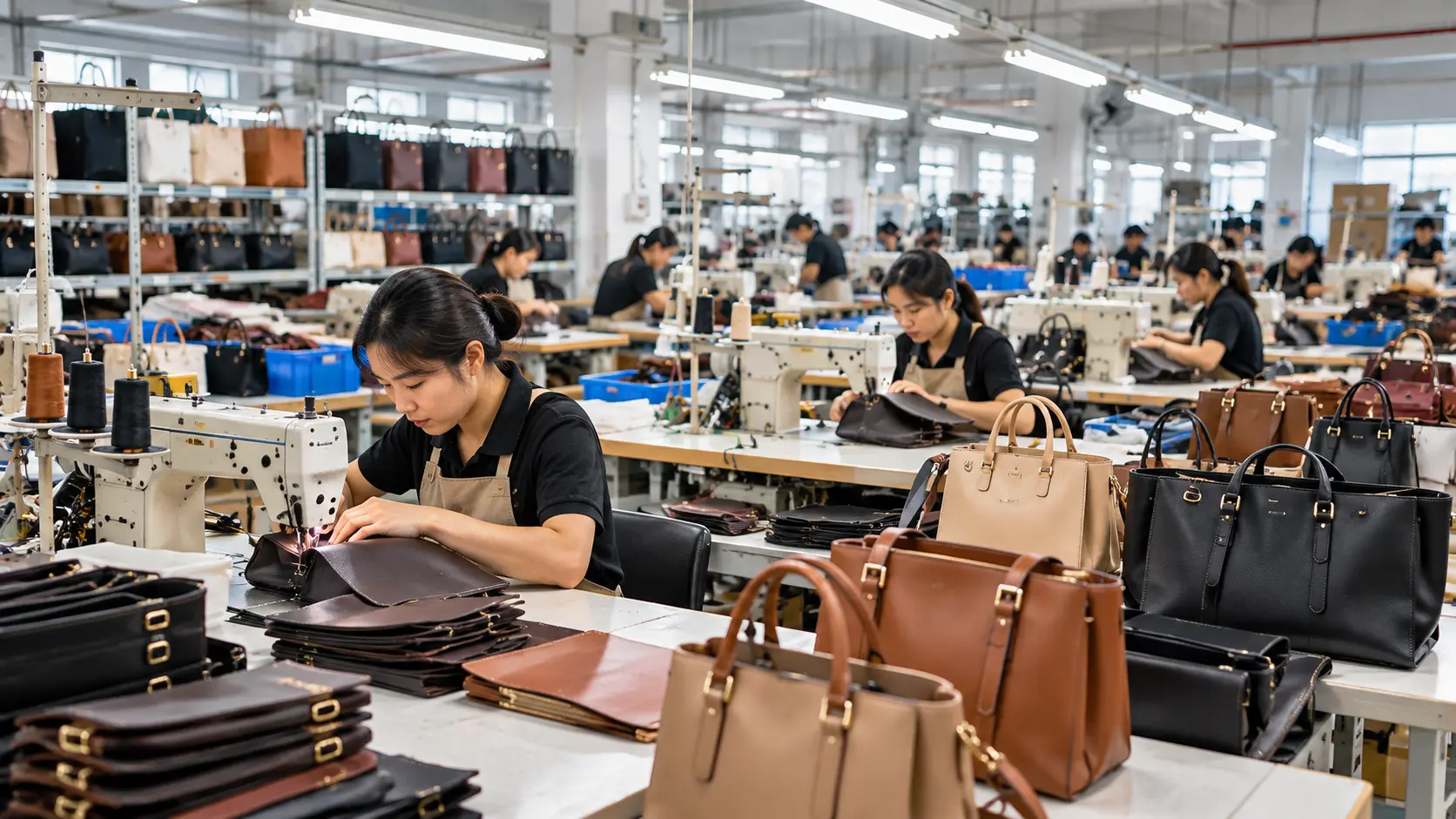 Private Label Bag Manufacturing in a Chinese Factory Chinese bag factory workers producing private label bags