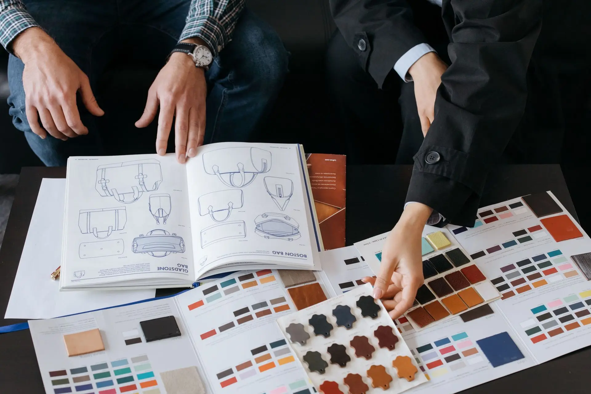 Private Label Bag Design and Material Selection Private label bag design sketches, color charts, and material samples